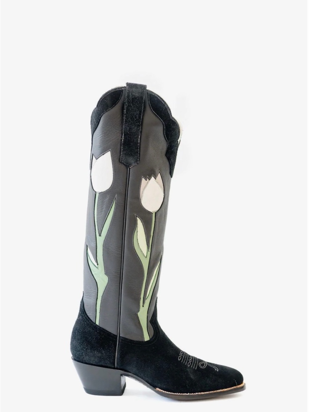 Black Tulip-Embroidered Western Knee-High Boots